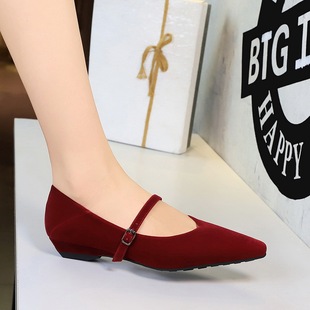 低跟鞋 2025新款 时尚 K203韩版 女西施绒小尖头浅口一字扣带坡 3686