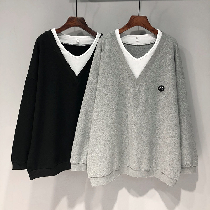 2025新款3066#2025夏新品实价 300斤胖mm 65/35V领刺绣卫衣女假