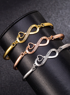 2025新款日韩镶钻玫瑰金银色桃心交叉8字爱心刻字手链女潮流手环