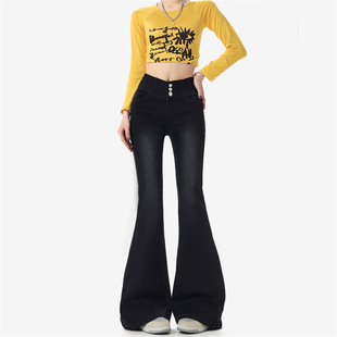 新款 2025新款 女2024秋季 复古高腰三扣超显瘦高弹喇叭牛仔裤 大码