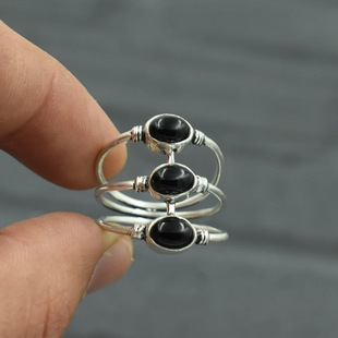 个性 时尚 三层椭圆黑锆石设计指环百搭高级感 华杰跨境新款 2025新款