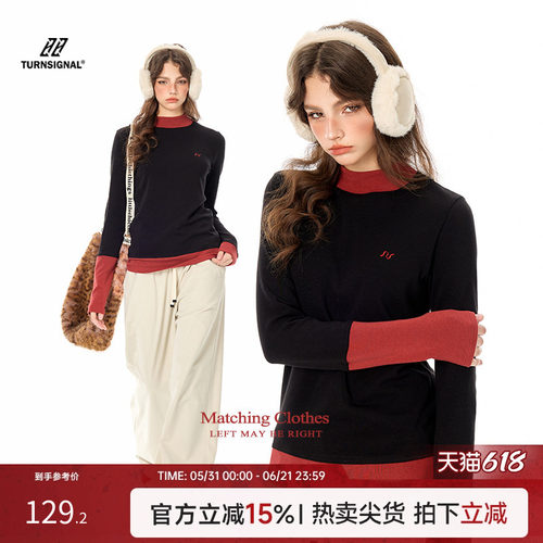 TurnSignal假两件针织长袖T恤女