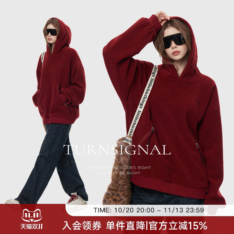 TurnSignal时尚连帽毛呢卫衣女秋冬复古百搭休闲宽松套头帽衫上衣