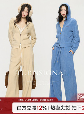 TurnSignal短款针织开衫外套长裤套装女秋连帽卫衣休闲运动两件套