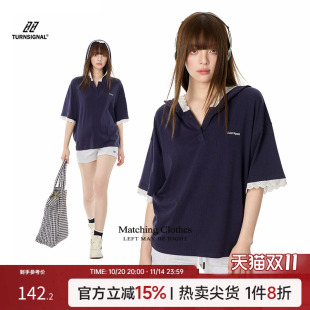 2025新款 TurnSignal 女夏季 POLO衫 休闲宽松V领连帽上衣 蕾丝边短袖