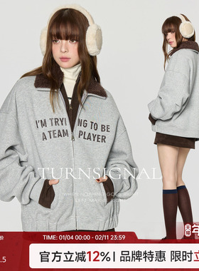 TurnSignal可拆卸毛领卫衣开衫外套女秋冬休闲宽松加绒加厚外套