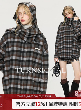 TurnSignal连帽格子衬衫外套女慵懒风秋2025新款长袖宽松复古衬衣
