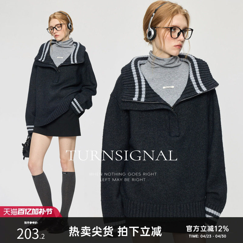 TurnSignal时尚半拉链大翻领毛衣女秋冬2025新款休闲宽松毛衣加厚
