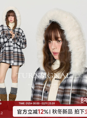 TurnSignal时尚大毛领连帽格子衬衫外套女加厚秋冬休闲宽松外套冬