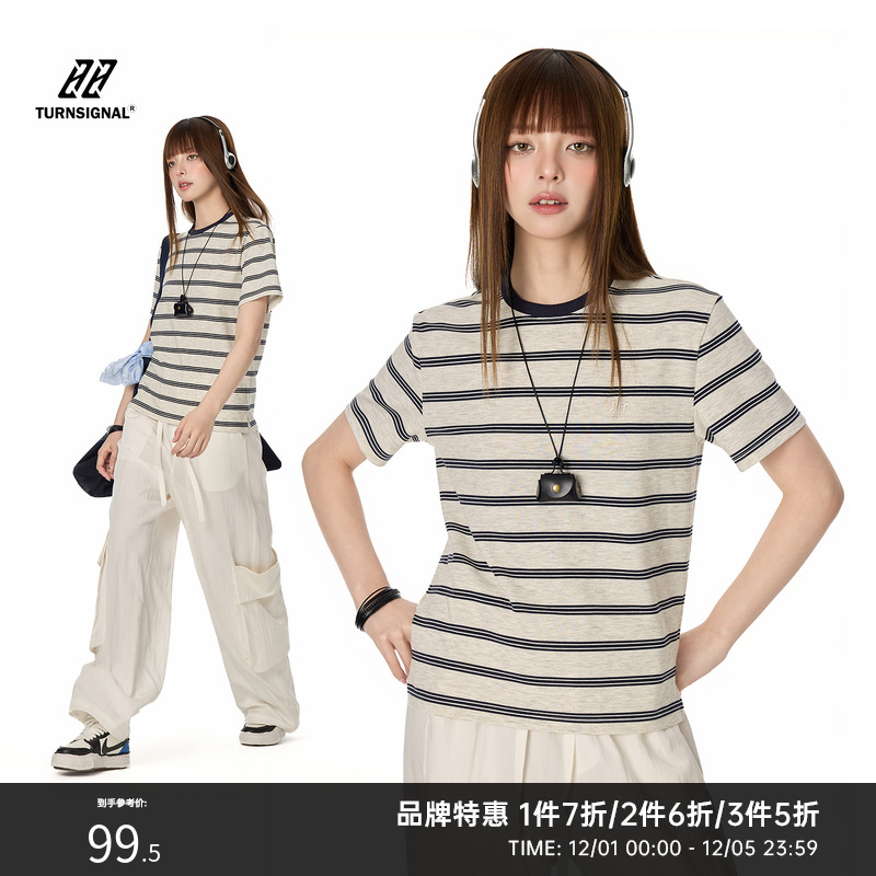 TurnSignal潮牌条纹短袖T恤女夏
