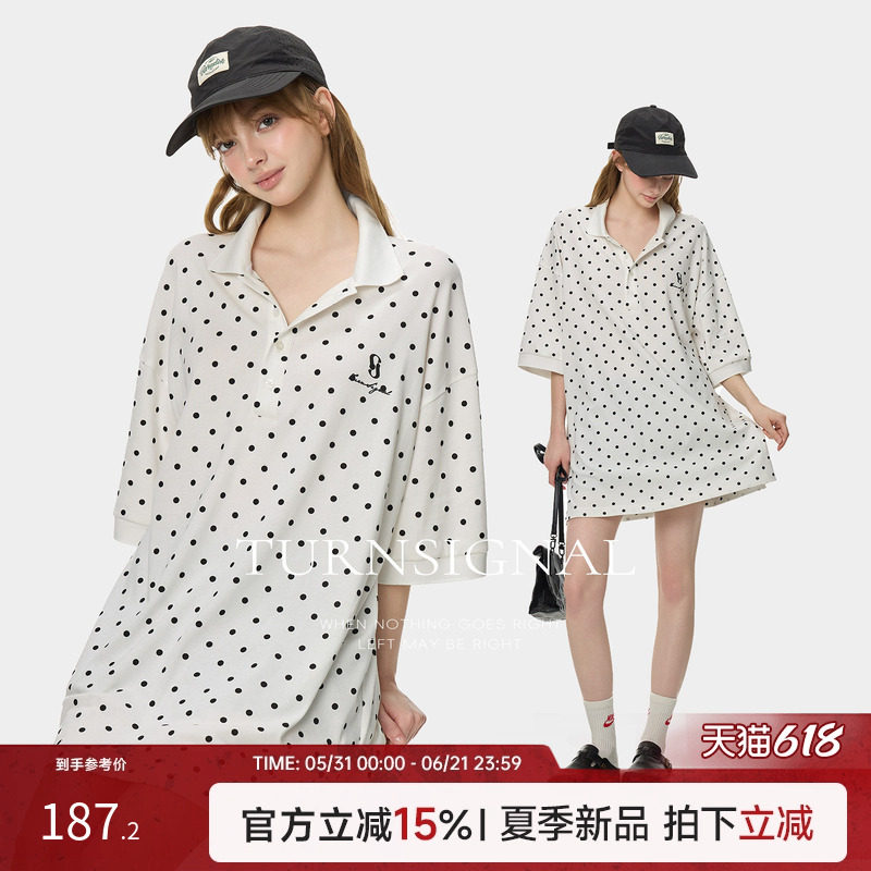 TurnSignal时尚大版韩系波点短袖POLO衫女中长款夏季休闲宽松落肩