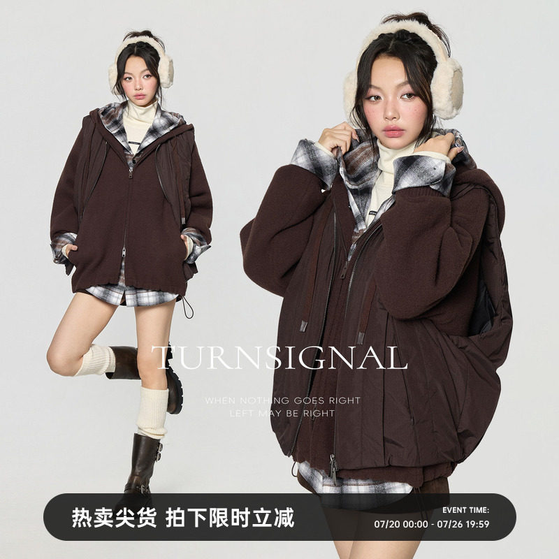 TurnSignal短款连帽毛衣羽绒马甲两件套女冬季加厚外穿马甲外套
