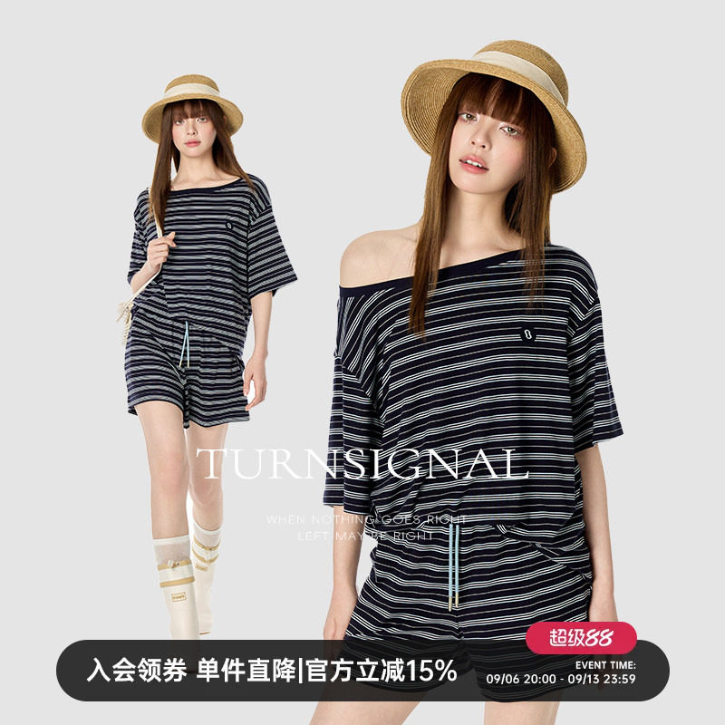 TurnSignal斜肩短袖短裤套装女夏季2026新款时尚休闲宽松两件套夏