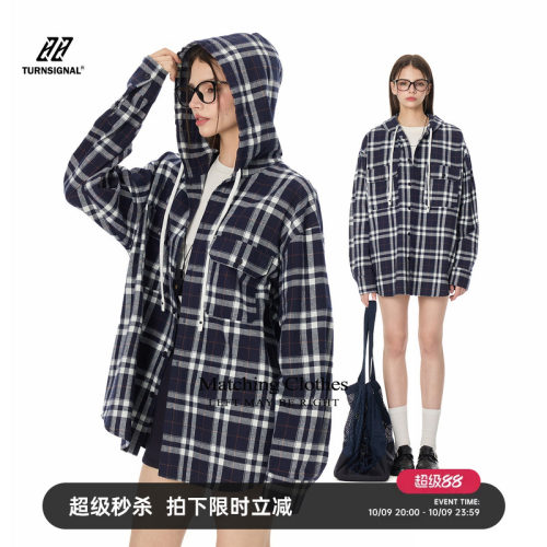 TurnSignal连帽条纹格子衬衫外套