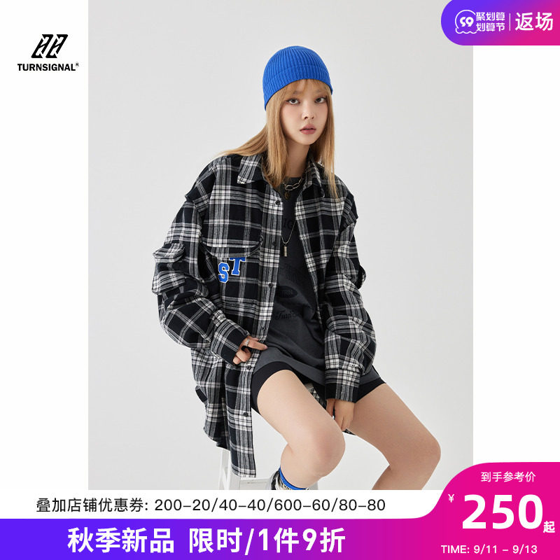 Turn Signal潮牌黑白格子衬衫女设计感小众春秋宽松休闲上衣外套