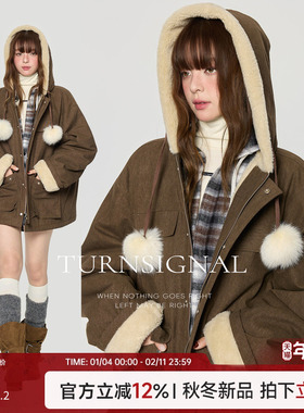 TurnSignal时尚连帽派克服外套女冬季加厚中长款宽松保暖工装外套