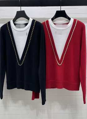 2026早春新款圆领拼接假两件链条舒适柔软百搭针织衫