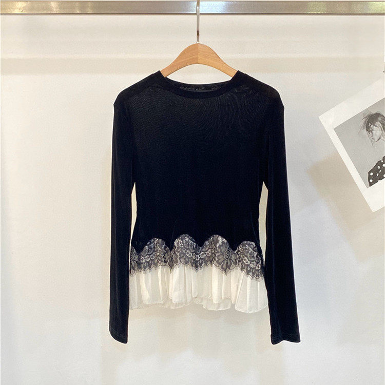 2025秋季新款圆领下摆蕾丝荷叶边植绒时髦百搭上衣