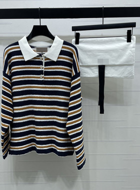 2026早春新款翻领撞色条纹宽松休闲百搭针织衫