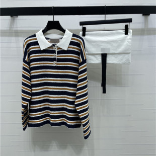 2026早春新款 翻领撞色条纹宽松休闲百搭针织衫