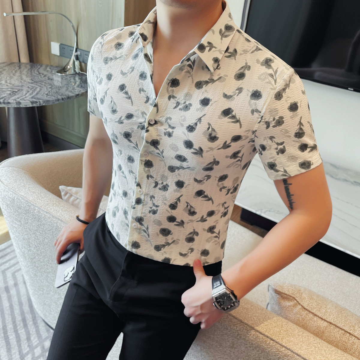 1250-P48男士衬衣夏季新款时尚百搭休闲翻领短袖花衬衫,男装Polo衫,电商B333