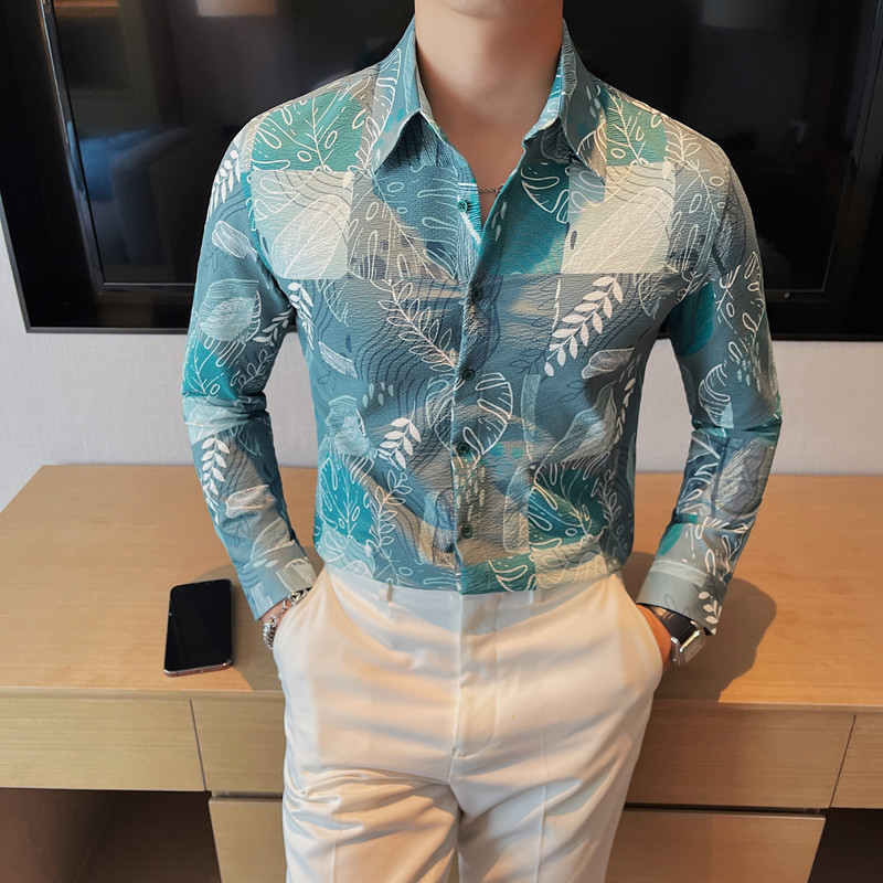 7999-P65长袖衬衫潮流印花修身男士秋季衬衣,男装衬衫,电商B333