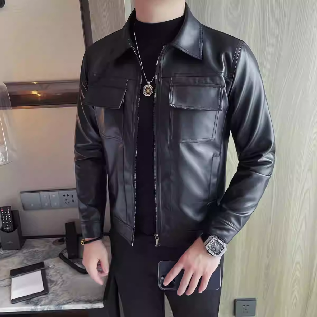 JK302-P108皮衣外套男士春秋季新款潮牌高端修身痞帅休闲机车皮夹,男装皮衣,电商B333