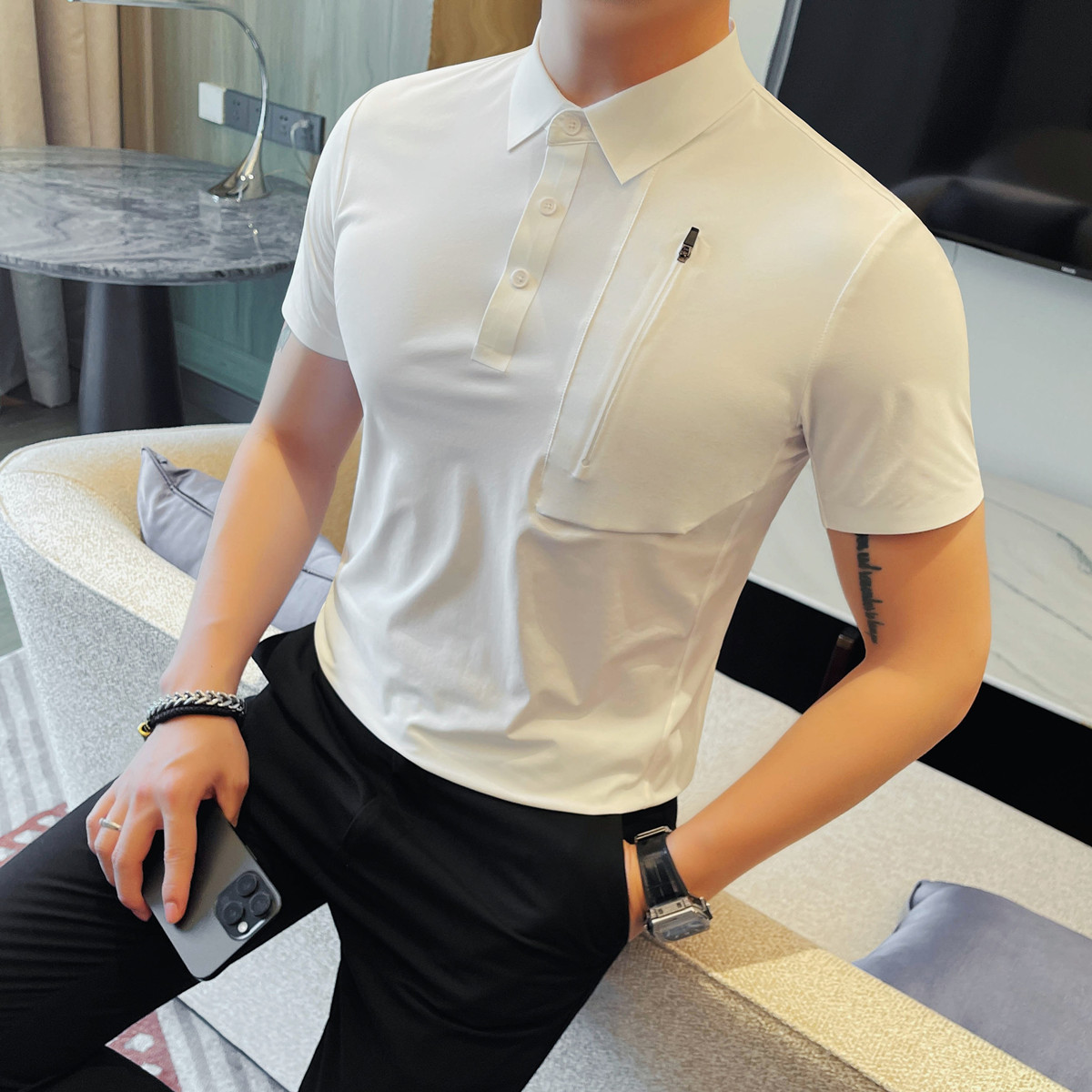 2551-P78 男士短袖冰丝T恤夏季新款时尚百搭休闲翻领短袖POLO衫图片