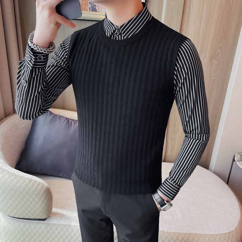 HM008-P105假两件男士秋冬新款修身衬衫领针织毛衣打底衫,男装T恤,电商B333