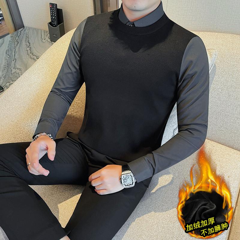 JR1320-P95加绒假两件毛衣男士衬衫领秋冬季新款男装高级针织衫,男装针织衫/毛衣,电商B333