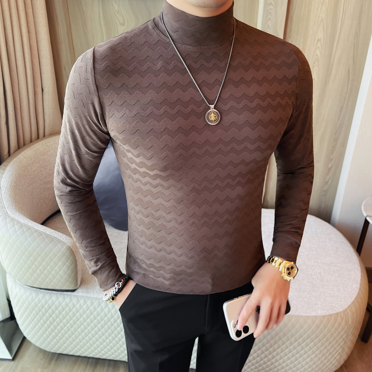 2632-P38半高领长袖体恤男士秋冬新款修身波浪纹中领打底衫,男装T恤,电商B333