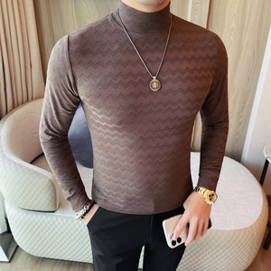 2632-P38 半高领长袖体恤男士秋冬新款修身 波浪纹中领打底衫图片