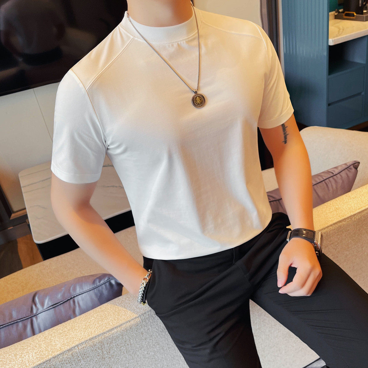 7518-P48男士短袖夏季新款时尚百搭休闲圆领短袖T恤,男装T恤,电商B333