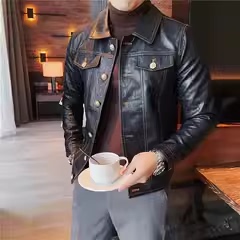 老款继续做JK107-P130秋冬男士修身皮衣型男单排扣翻领皮夹克外套图片