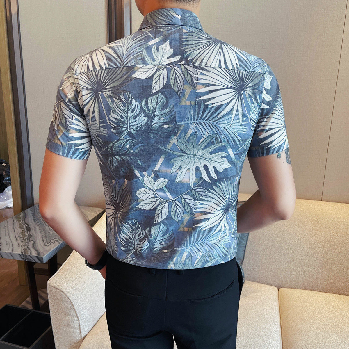 1255-P58男士短袖花衬衫夏季新款时尚百搭休闲翻领短袖衬衣,男装T恤,电商B333