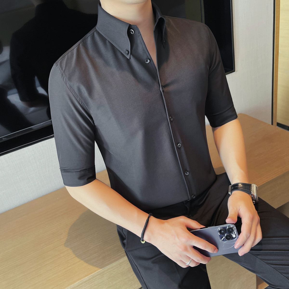 6997-P58七分袖衬衫男士夏季新款修身抗皱免烫商务休闲中袖衬衣,男装衬衫,电商B333