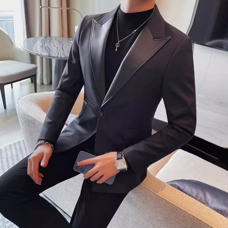 XF1042-P165 拼接皮领男士西装外套 单排扣西装上衣 后中开叉图片