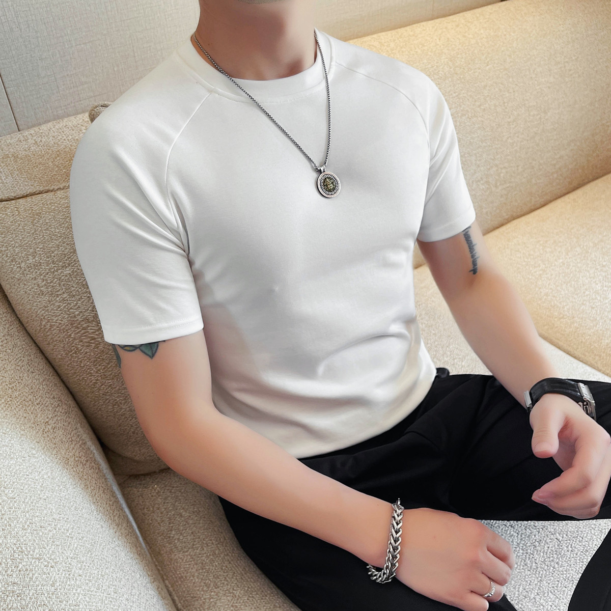 6610-P38男士圆领短袖T恤春夏新款潮流修身纯色百搭半袖体恤,男装T恤,电商B333