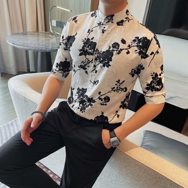8213-P53印花衬衫男士夏季新款中袖衬衣立领五分袖衬衫,男装衬衫,电商B333