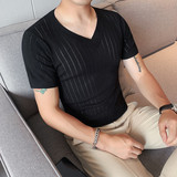 VT02-P45英伦型男韩版修身V领休闲T恤纯色短袖针织冰丝白色，男装T恤，电商B333