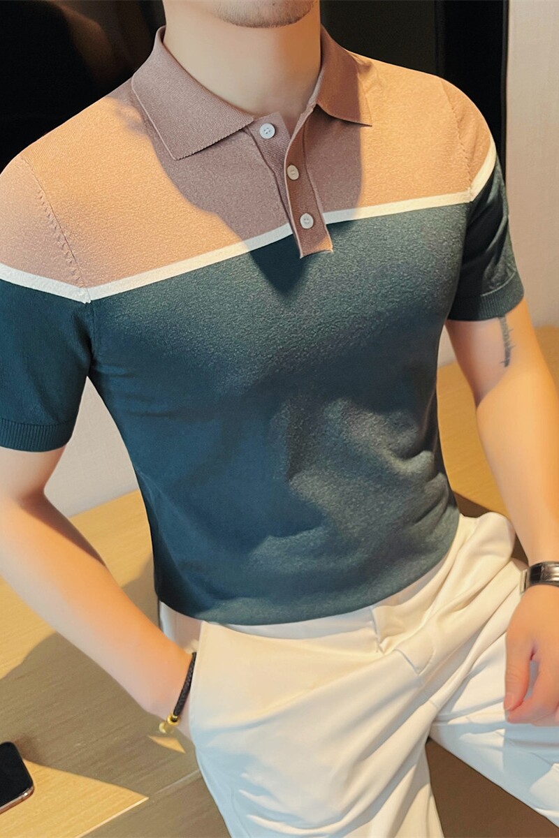 3773-P63短袖针织polo衫男士透气中袖冰丝T恤打底衫撞色领修身,男装T恤,电商B333