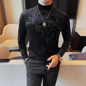 7911-特P40 半高领金丝绒长袖T恤男士秋冬新款 纯色打底衫男图片