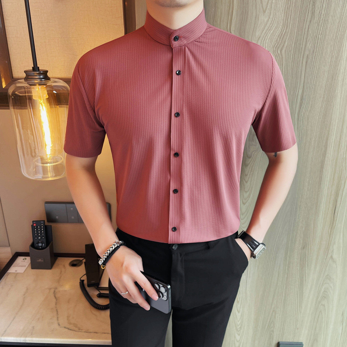 MJ1001-P58 冰丝立领男士短袖衬衣夏季新款时尚百搭休闲立领衬衫图片
