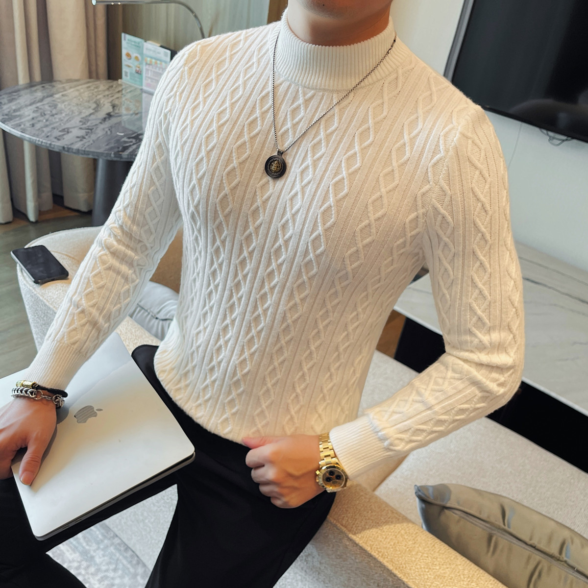 8550-P68 男士长袖针织衫新款小领修身弹力打底衫粗线绞花毛衣，男装T恤，电商B333