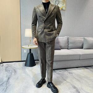 TZ6128-P355 西服套装男士两件套 灯芯绒条纹西装双排扣图片