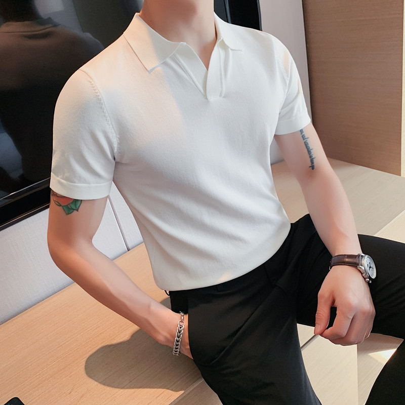 0388-P53夏季型男休闲短袖针织纯色POLO衫英伦修身翻领彩蓝色T恤图片
