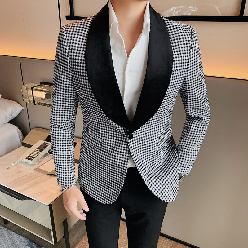 23587-P145 西装外套男士休闲修身格子西服一粒单排扣图片