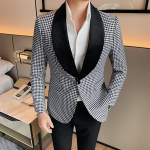 23587-P145 西装外套男士休闲修身格子西服一粒单排扣图片