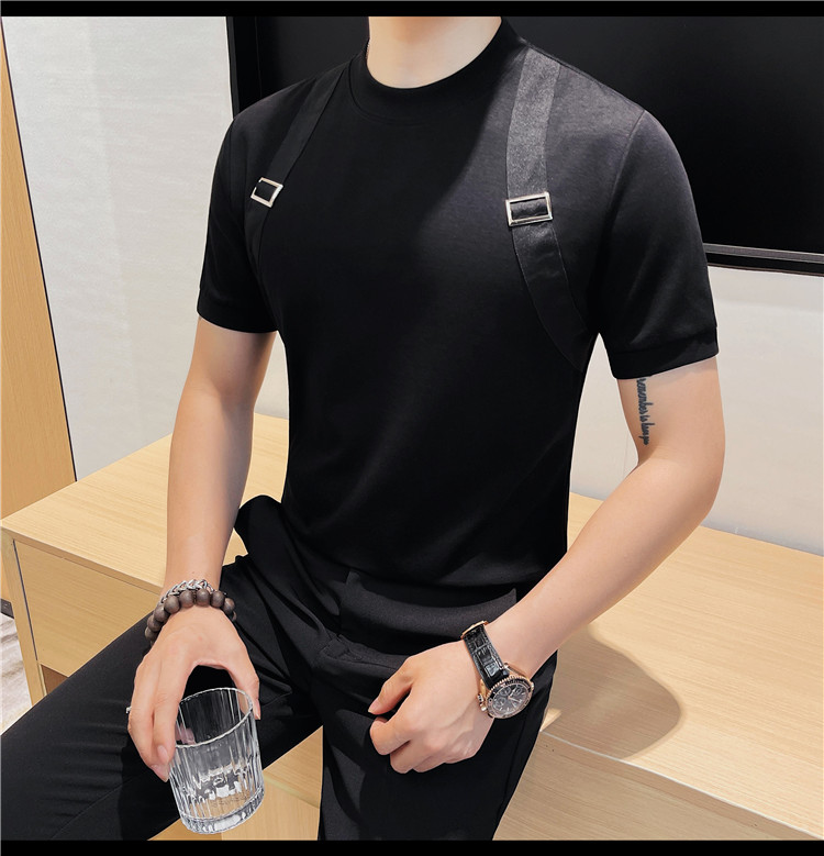 7876-P58圆领短袖体恤男士夏季新款修身肩带个性拼接白色T恤,男装T恤,电商B333