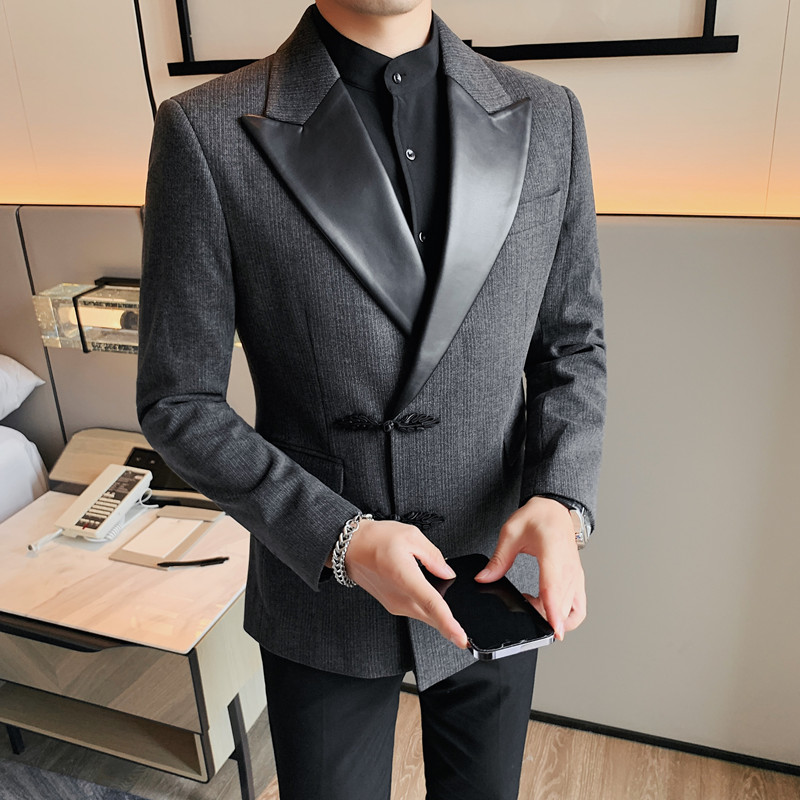 XF1038-P175厚西装外套男士西服礼服修身休闲皮领拼接单排扣,男装西服套装,电商B333